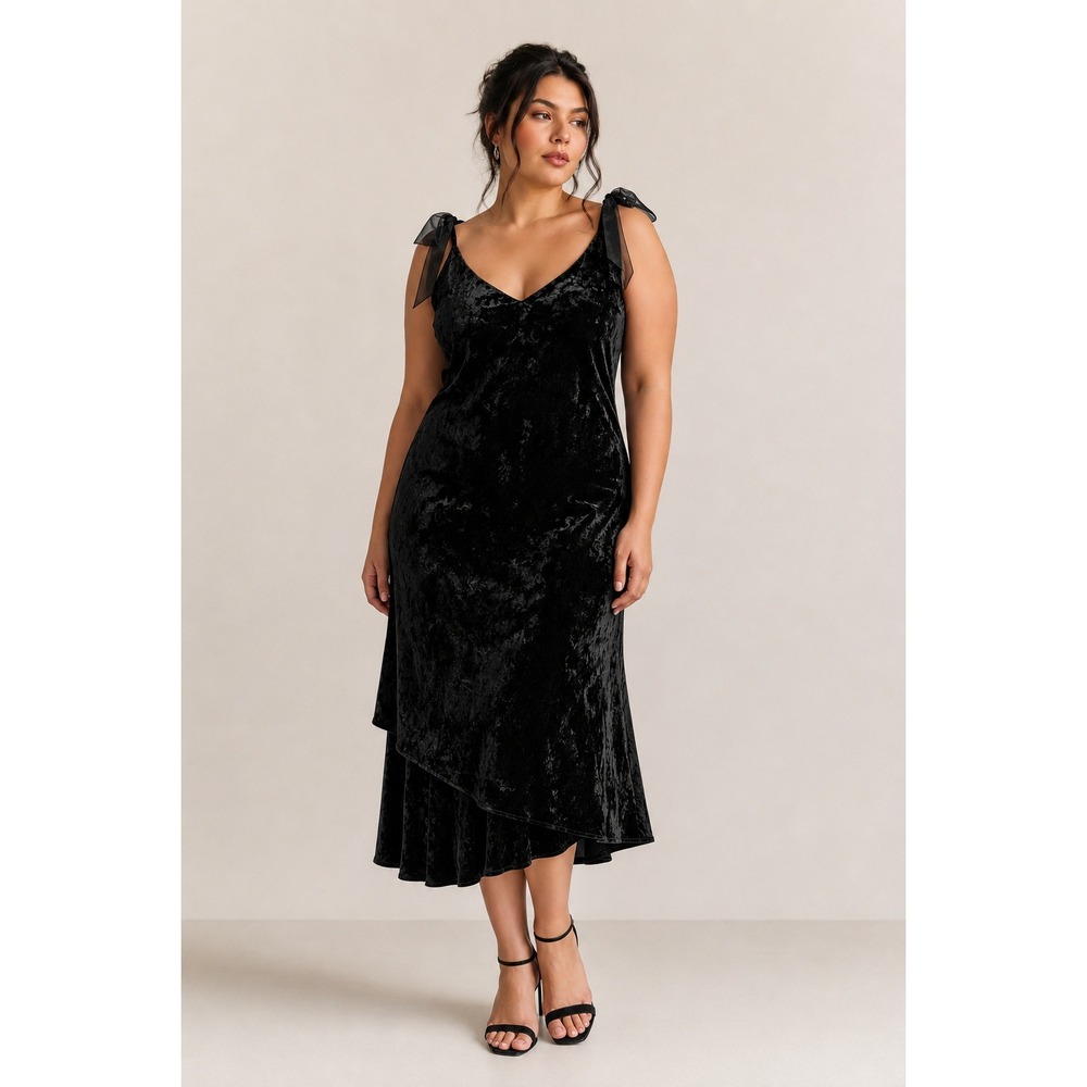 90s Vintage Evan Picone Black Crushed Velvet Midi Dress 12 Asymmetrical Goth Hem
